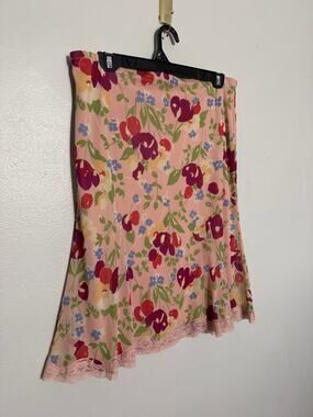 Womens Size S Vintage Y2K 90s Express Above the Knee Pink Floral Lace Trim Skirt